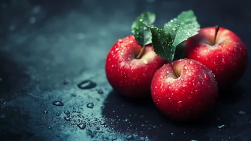 Crimson rain-kissed apples lined on midnight stone.