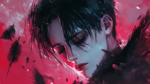 Profile portrait of dark haired figure amid red feathers.