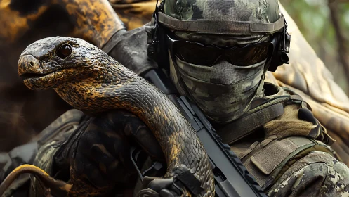 Camouflaged soldier and serpent ally in tense jungle standoff.