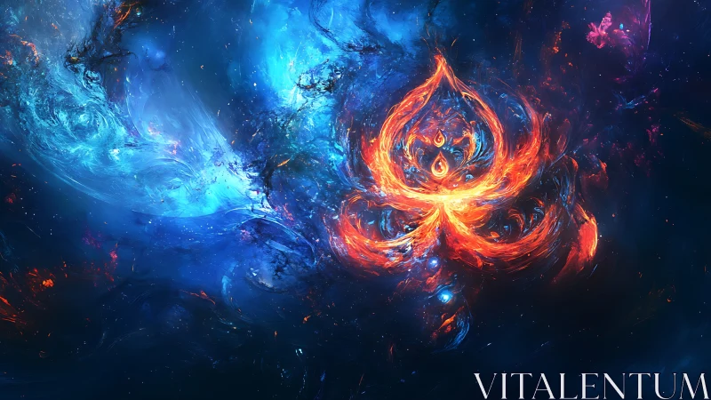 Fiery nebula structure forms against swirling blue cosmos