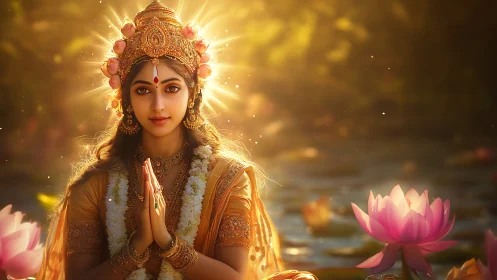 Radiant goddess in golden light offers serene lotus blessing