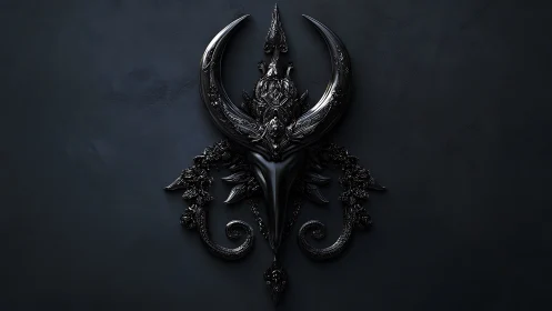 Ornate black horned emblem sits centered on dark surface