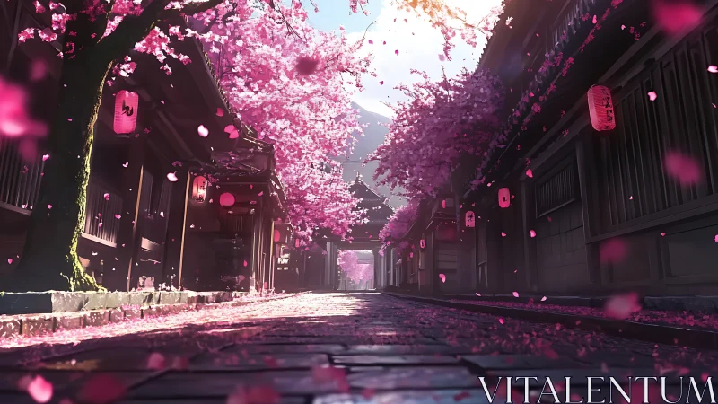 Sakura lantern lane drifting under a blush of falling petals.