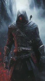 Hooded assassin stalks burning alley in cold mist.