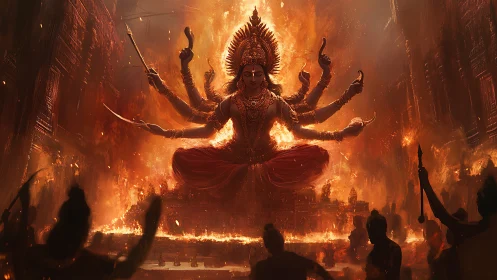 Fire crowned goddess ascends above a burning city in rage.