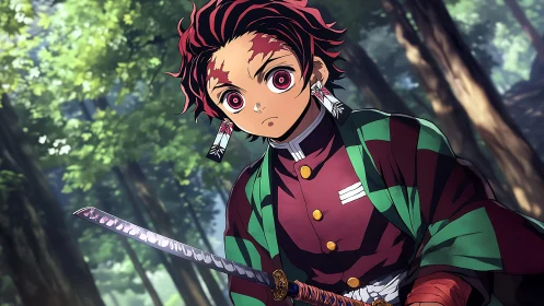 Determined anime swordsman stands ready in sunlit forest.