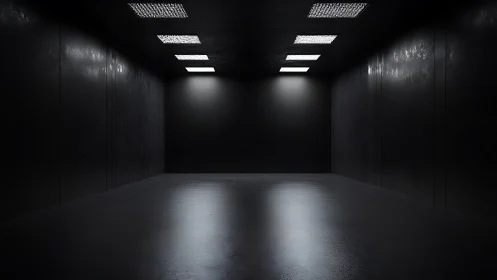 Minimalist dark corridor with overhead grid LED lighting.