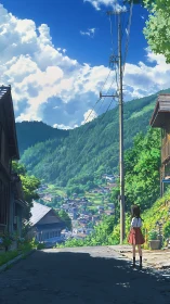 Summer hillside village street under towering clouds.