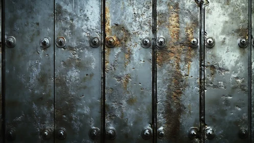 Corroded riveted metal wall surface with vertical panels.