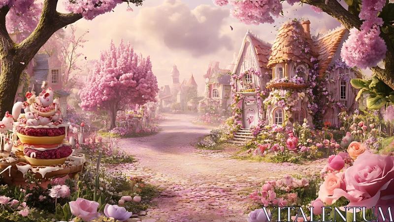 Enchanted fairytale village bathed in vibrant pink blossoms and golden hour light.