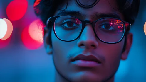 Neon city reflections glow across thoughtful face at dusk.