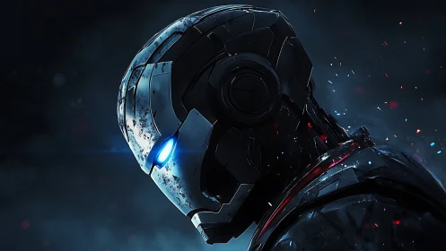 Battle-worn cybernetic helmet in moody blue backlight.