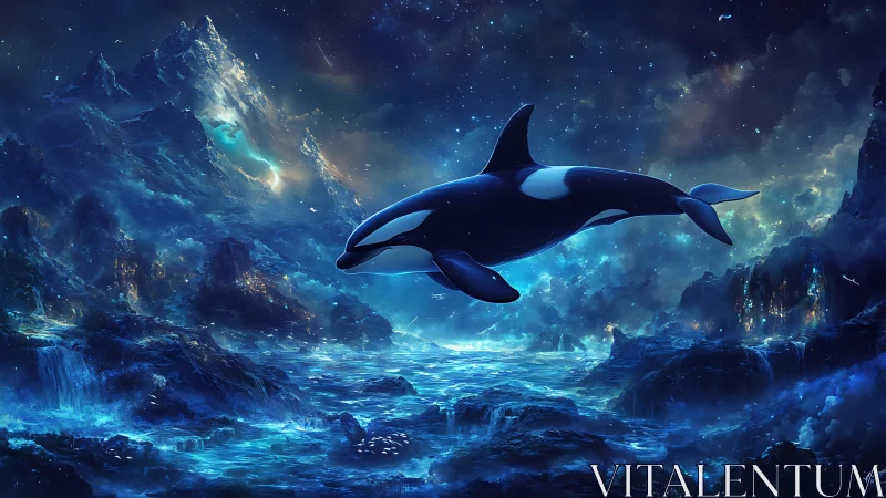 Epic celestial orca above bioluminescent alien oceanic landscape