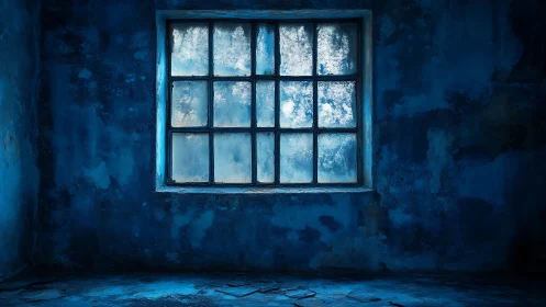 Soft blue window quietly brightens a weathered empty room