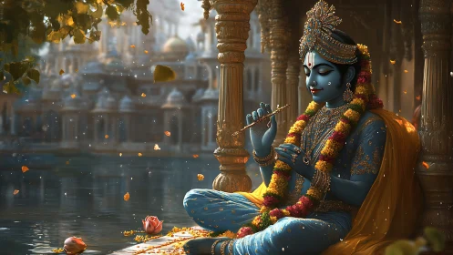 Divine blue figure with flute beside reflective temple waters.