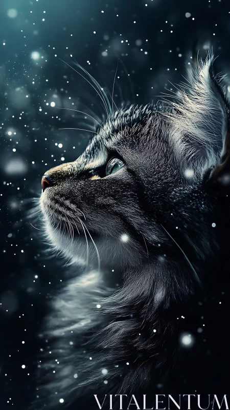 Cat's Luminous Gaze. Cosmic Whiskers Against Starlit Darkness