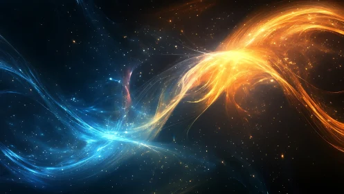 Blue and orange energy streams intersect across starfield