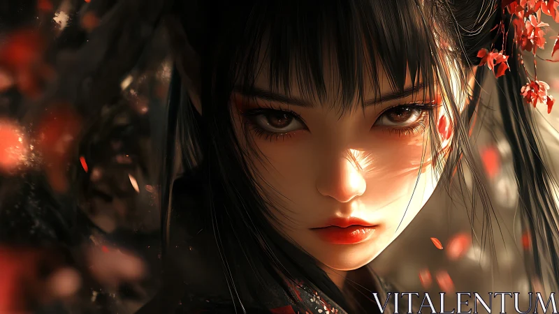 Intense close-up of dark-haired woman with red accents.