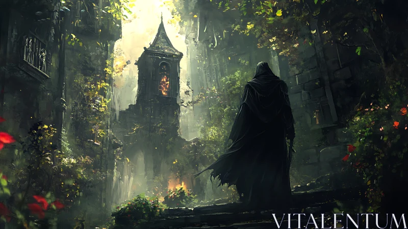 Hooded wanderer enters ruined bell tower in eerie light