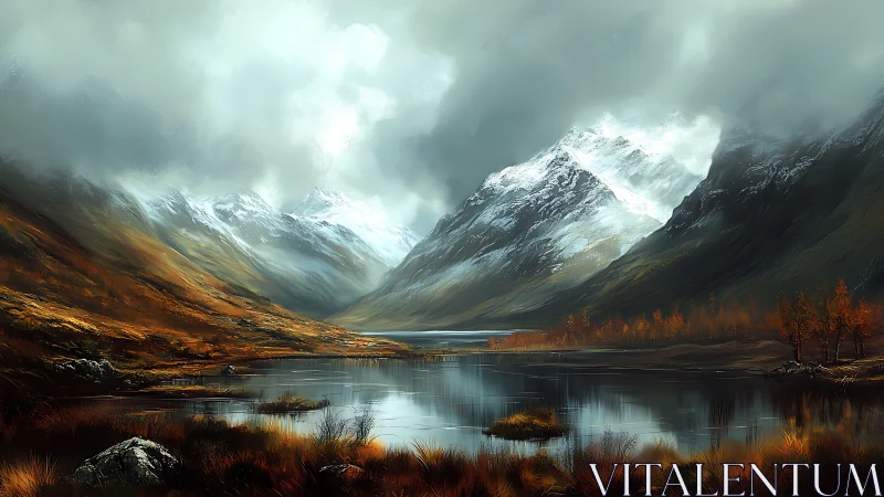 Storm-brewing valley lake under brooding snowcapped guardians.