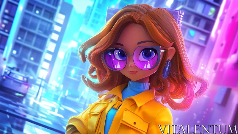 Neon city daydreamer in glossy glasses and yellow coat.