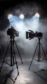 Cinema cameras stand under dramatic studio backlighting.