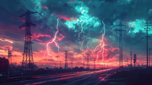 Electric storm ignites twilight highway under power lines