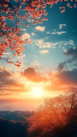 Radiant cherry blossoms over cinematic pastel sunset sky.