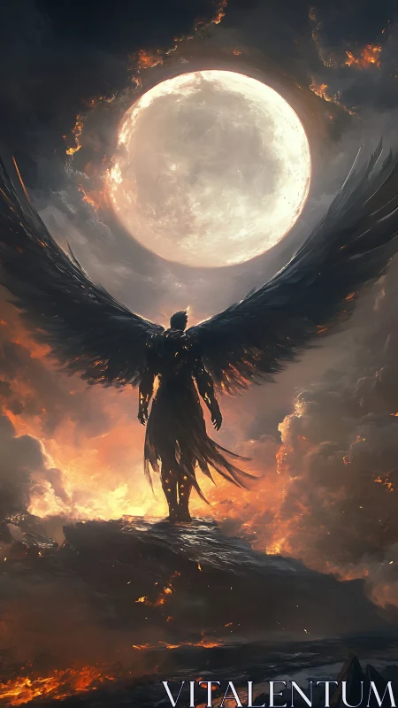 Celestial dark angel silhouette under luminous full moon.