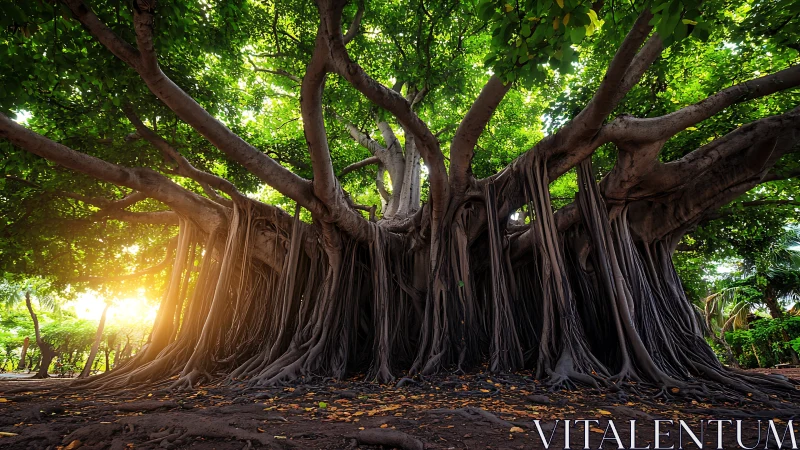 Massive banyan tree with sprawling aerial roots at sunset.