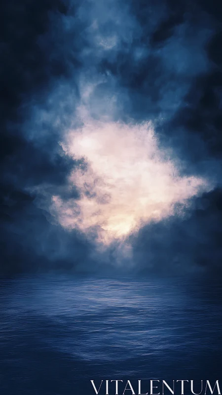 Moody dark ocean under bright opening in storm clouds.