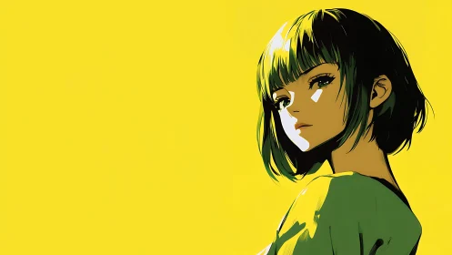 Bold anime portrait on vivid yellow minimalist backdrop.