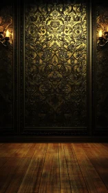 Gilded baroque panel wall with warm wooden floor stage.