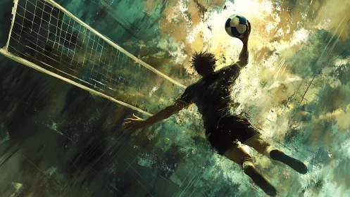 Volleyball player dives midair toward net holding blue ball