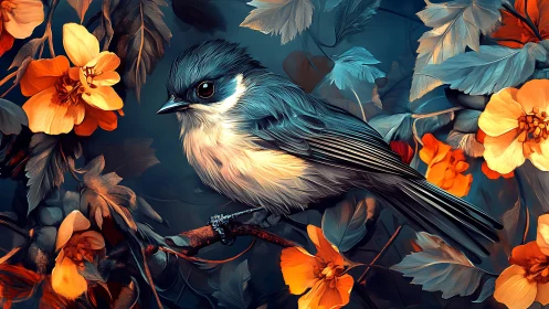Blue songbird perched among orange flowers, digital art style.