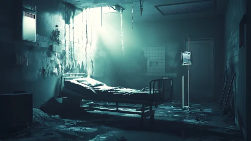 Abandoned hospital ward with ruined bed under harsh light.