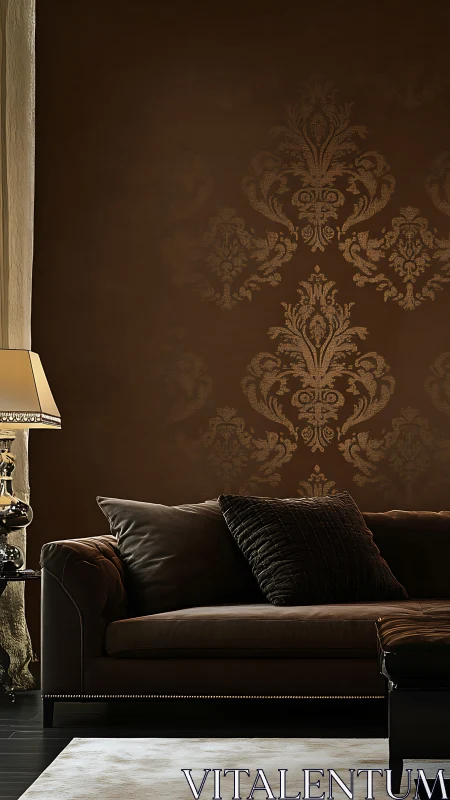 Dark brown living room wall frames leather sofa arrangement