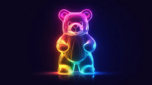 Neon teddy bear sculpture glows with electric color arcs.