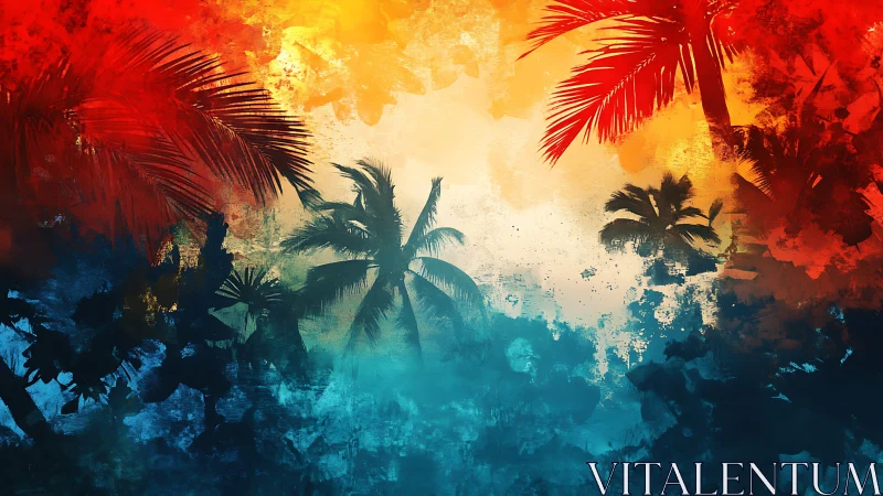 Vibrant tropical palm silhouettes dissolve into abstract color gradients