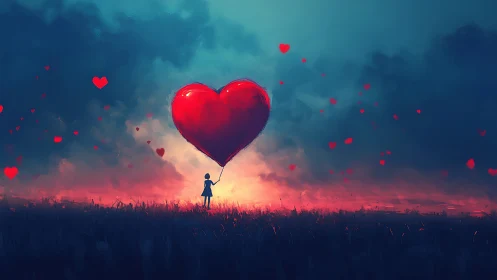Child Holding Giant Red Heart Balloon at Sunset.