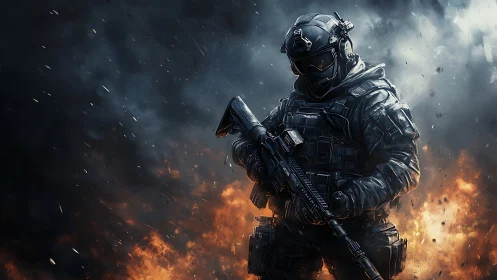 Heavily armed soldier stands in burning battlefield smoke.