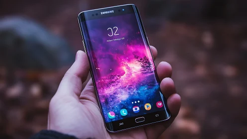Samsung Galaxy smartphone displaying vibrant cosmic gradient lock screen interface.