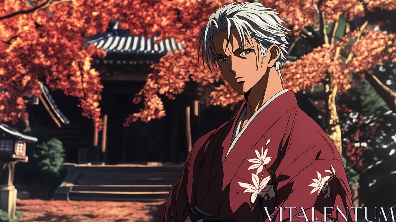 Silver-haired samurai in red kimono stands before temple in autumn