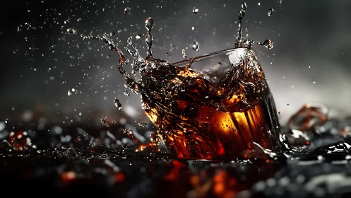 Whiskey splash freezes mid-impact in dramatic studio light.