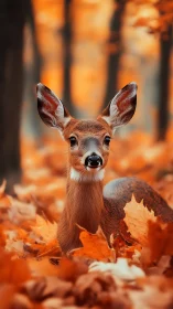 Young deer stands among orange autumn leaves in forest