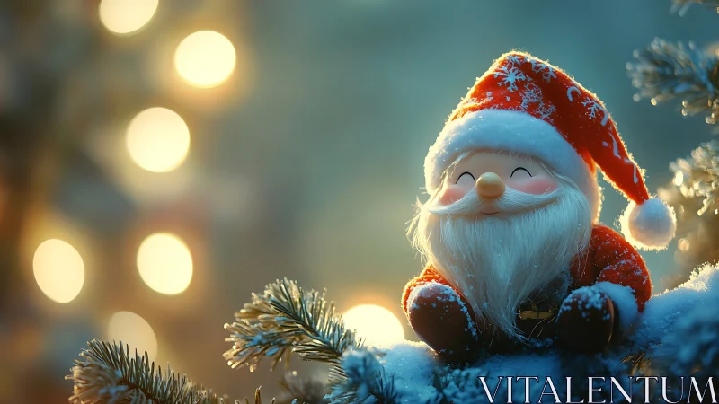 Smiling Santa figurine sits on snowy branches at dusk