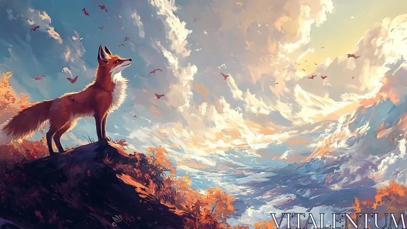Skyward fox on a blazing dawn ridge, dreaming in color.