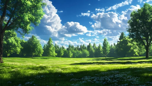 Sunlit grassland and tree line extend under clouded sky
