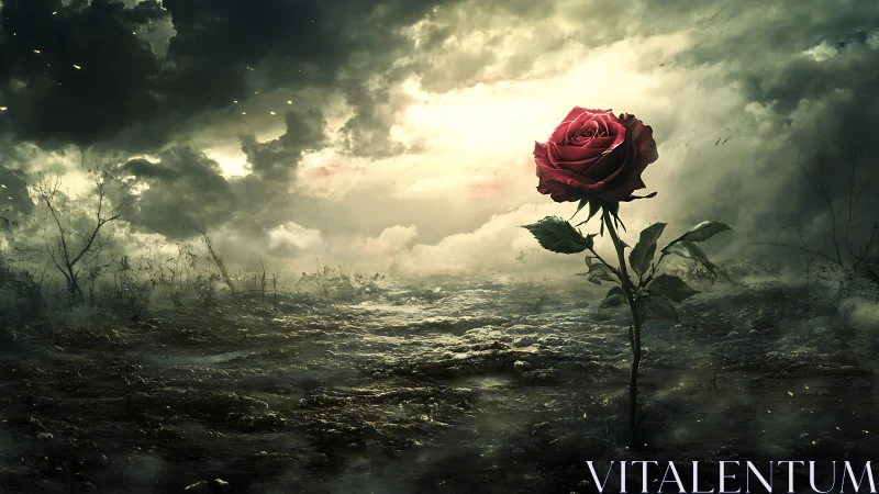 Lone crimson rose blazing against a storm-torn wasteland.