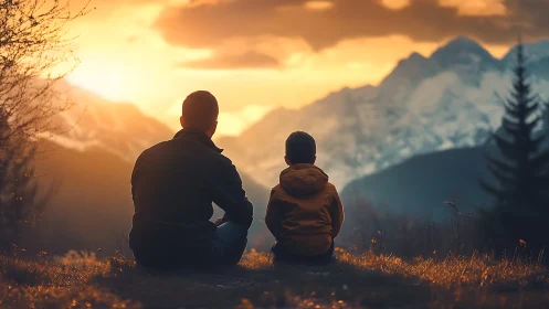 Father and son watching mountain sunset in warm, cinematic style.